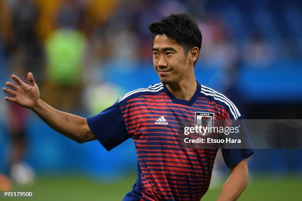 Shinji Kagawa of Japan warms up prior to the 2018 FIFA World Cup Russia Round of 16 match between Belgium and Japan at Rostov Arena on July 2, 2018...