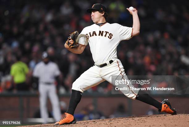 Derek Holland of the San Francisco Giants pitches against the Colorado Rockies in the top of the seventh inning at AT&T Park on June 26, 2018 in San...