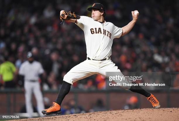 Derek Holland of the San Francisco Giants pitches against the Colorado Rockies in the top of the seventh inning at AT&T Park on June 26, 2018 in San...