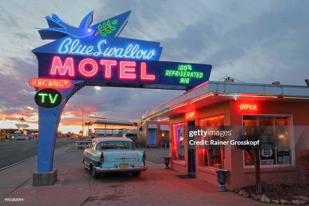 Blue Swallow Motel on Route 66 at sunset