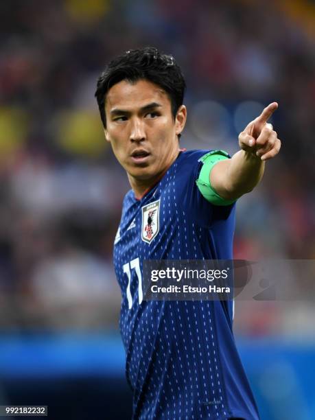 Makoto Hasebe of Japan gestures during the 2018 FIFA World Cup Russia Round of 16 match between Belgium and Japan at Rostov Arena on July 2, 2018 in...