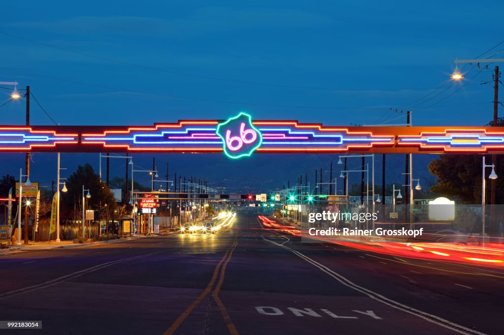 Route 66 Sign on Central Avenue in Albuquerque at night