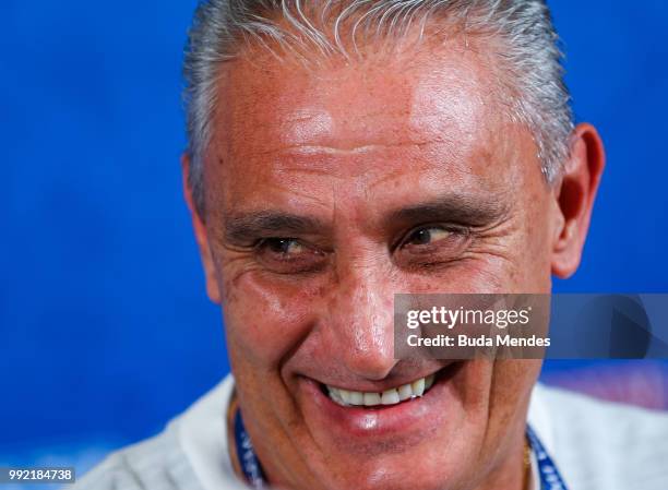 Head coach Tite attends the media during a Brazil press conference ahead of the the 2018 FIFA World Cup Russia Quarter Final match between Brazil and...