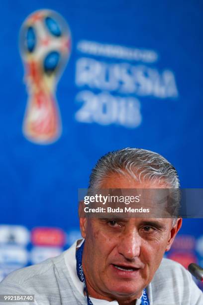 Head coach Tite attends the media during a Brazil press conference ahead of the the 2018 FIFA World Cup Russia Quarter Final match between Brazil and...