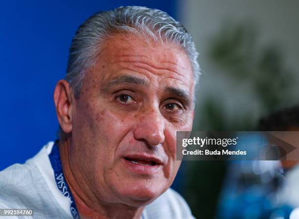 Head coach Tite attends the media during a Brazil press conference ahead of the the 2018 FIFA World Cup Russia Quarter Final match between Brazil and...