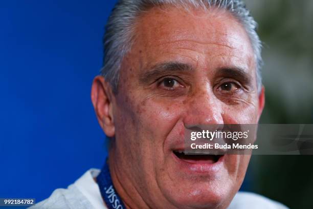 Head coach Tite attends the media during a Brazil press conference ahead of the the 2018 FIFA World Cup Russia Quarter Final match between Brazil and...