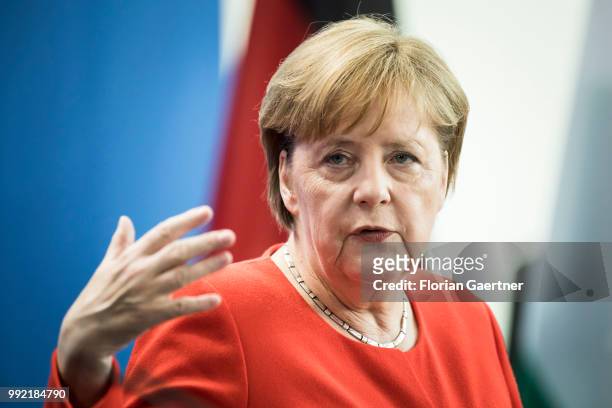 German Chancellor Angela Merkel is pictured during a press conference with Viktor Orban , Prime Minister of Hungary, on July 05, 2018 in Berlin,...