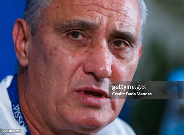 Head coach Tite attends the media during a Brazil press conference ahead of the the 2018 FIFA World Cup Russia Quarter Final match between Brazil and...