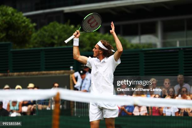 Stefanos Tsitsipas of Greece reacts against Jared Donaldson of the United States during their Men's Doubles first round match on day four of the...