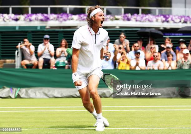 Stefanos Tsitsipas of Greece celebrates after defeating Jared Donaldson of the United States in their Men's Doubles first round match on day four of...