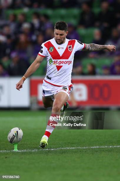 Gareth Widdop of the Dragons kicks a conversion during the round 17 NRL match between the Melbourne Storm and the St George Illawarra Dragons at AAMI...