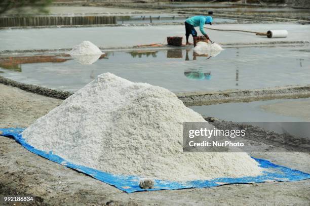 Farmers collect salt at one of the industrial salt centers in Mojowarno Village, Rembang, Central Java, July 5, 2018. The low productivity of the...