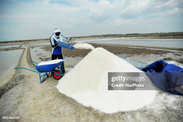 Farmers collect salt at one of the industrial salt centers in Mojowarno Village, Rembang, Central Java, July 5, 2018. The low productivity of the...