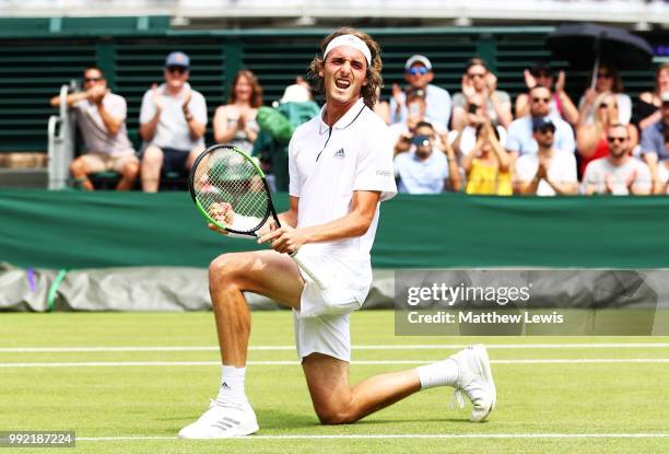 Stefanos Tsitsipas of Greece celebrates after defeating Jared Donaldson of the United States in their Men's Doubles first round match on day four of...