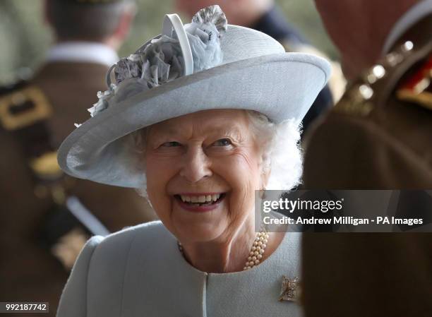 Queen Elizabeth II , Colonel-in-Chief Royal Scots Dragoon Guards during a reception after she presented a new standard to the regiment at Leuchars...