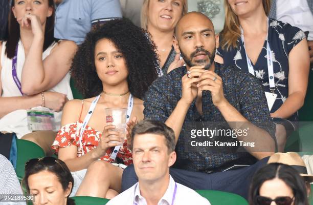 July 5: Nathalie Emmanuel and Alex Lanipekun attend day four of the Wimbledon Tennis Championships at the All England Lawn Tennis and Croquet Club on...