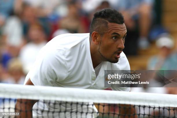 Nick Kyrgios of Australia looks on against Robin Haase of Netherlands during their Men's Singles second round match on day four of the Wimbledon Lawn...
