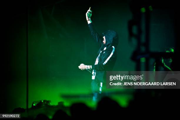 Singer Eminem performs at the Orange Stage during Roskilde Festival 2018, in Roskilde, Denmark, on July 4, 2018. / Denmark OUT