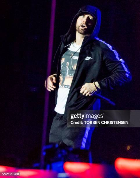 Singer Eminem performs at the Orange Stage during Roskilde Festival 2018, in Roskilde, Denmark, on July 4, 2018. / Denmark OUT