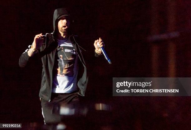 Singer Eminem performs at the Orange Stage during Roskilde Festival 2018, in Roskilde, Denmark, on July 4, 2018. / Denmark OUT