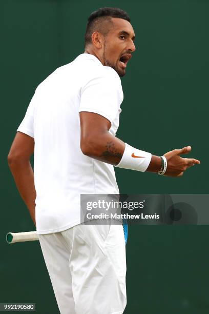 Nick Kyrgios of Australia reacts against Robin Haase of Netherlands during their Men's Singles second round match on day four of the Wimbledon Lawn...