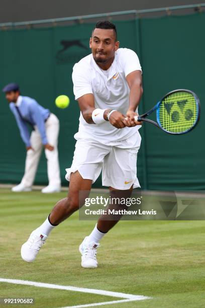 Nick Kyrgios of Australia returns a shot against Robin Haase of Netherlands during their Men's Singles second round match on day four of the...