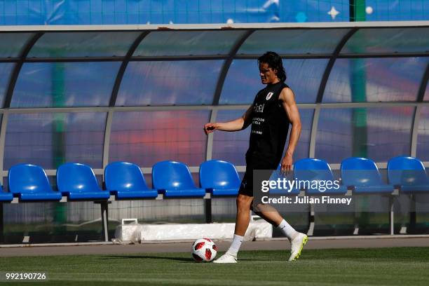 Edinson Cavani of Uruguay in action during a training session at Sports Centre Borsky on July 5, 2018 in Nizhny Novgorod, Russia.