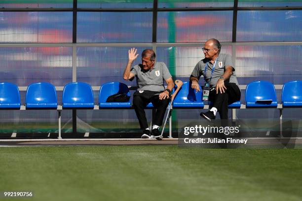 Oscar Tabarez, Head coach of Uruguay reacts during a training session at Sports Centre Borsky on July 5, 2018 in Nizhny Novgorod, Russia.