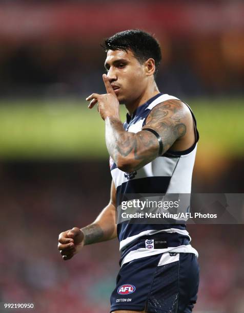 Tim Kelly of the Cats celebrates a goal during the round 16 AFL match between the Sydney Swans and the Geelong Cats at Sydney Cricket Ground on July...