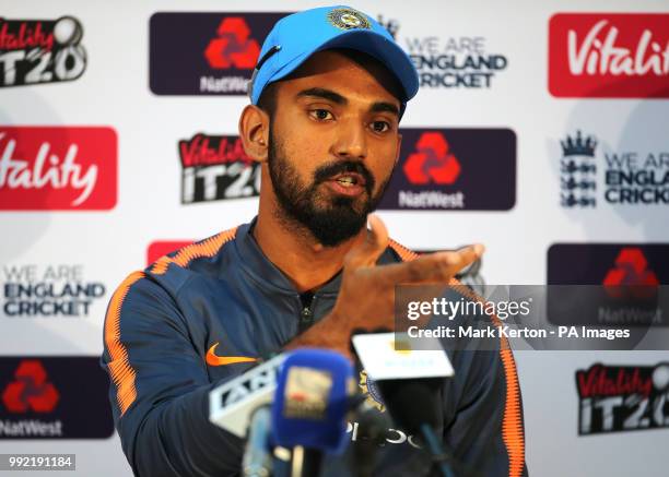 India's Lokesh Rahul speaks during a press conference at The SSE SWALEC, Cardiff.