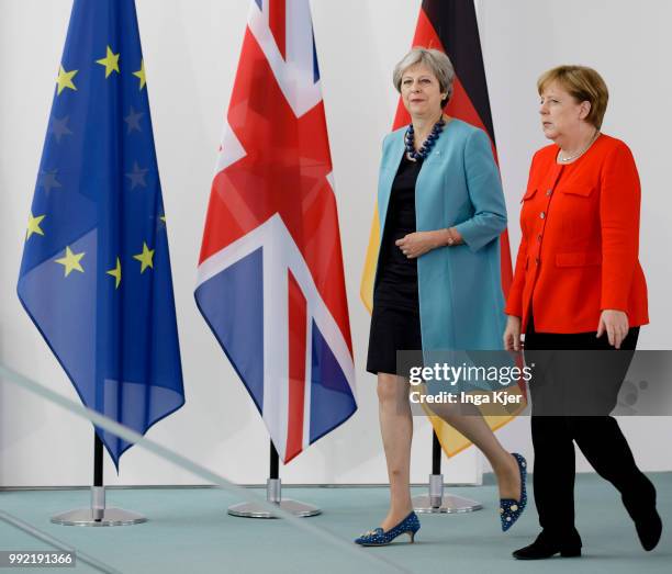 Berlin, Germany German Chancellor Angela Merkel meets Theresa May, Prime Minister of the United Kingdom, in the chancellery on July 05, 2018 in...