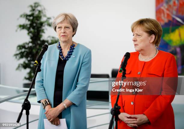 Berlin, Germany German Chancellor Angela Merkel meets Theresa May, Prime Minister of the United Kingdom, in the chancellery on July 05, 2018 in...