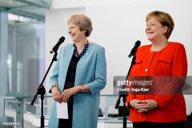 German Chancellor Angela Merkel meets Theresa May, Prime Minister of the United Kingdom, in the chancellery on July 05, 2018 in Berlin, Germany.