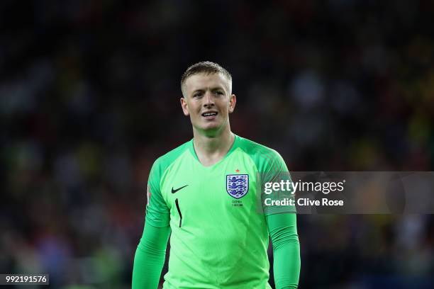 Jordan Pickford of England looks on during the 2018 FIFA World Cup Russia Round of 16 match between Colombia and England at Spartak Stadium on July...