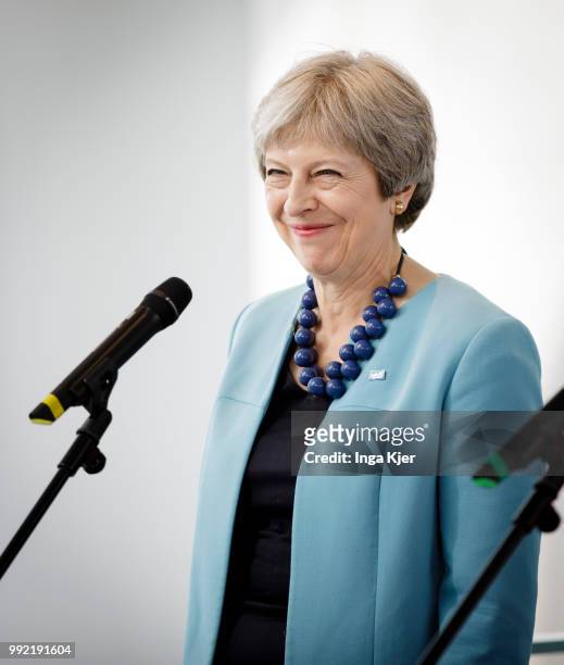 Theresa May, Prime Minister of the United Kingdom, captured in the chancellery on July 05, 2018 in Berlin, Germany.