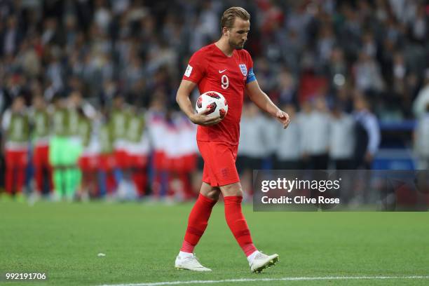 Harry Kane of England walks to the penalty spot to take the first penalty of the shoot out during the 2018 FIFA World Cup Russia Round of 16 match...