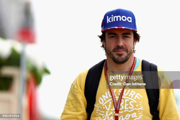 Fernando Alonso of Spain and McLaren F1 arrives at the circuit during previews ahead of the Formula One Grand Prix of Great Britain at Silverstone on...