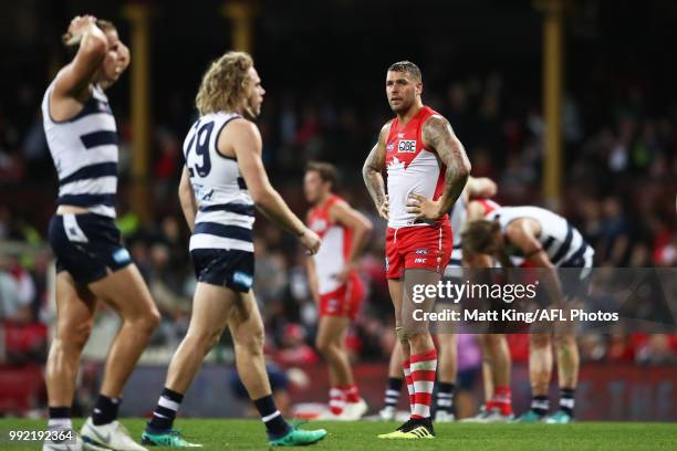 Lance Franklin of the Swans looks dejected at the final siren during the round 16 AFL match between the Sydney Swans and the Geelong Cats at Sydney...