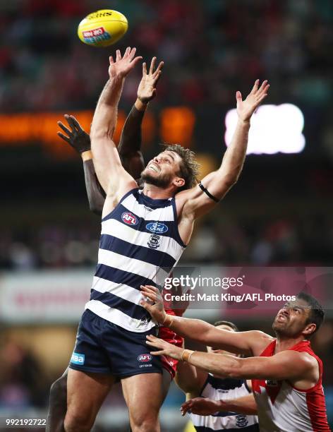 Tom Hawkins of the Cats in action during the round 16 AFL match between the Sydney Swans and the Geelong Cats at Sydney Cricket Ground on July 5,...