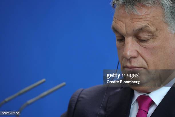 Viktor Orban, Hungary's prime minister, pauses during a news conference at the Chancellery in Berlin, Germany, on Thursday July 2018. A former senior...