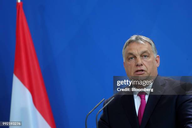 Viktor Orban, Hungary's prime minister, speaks during a news conference at the Chancellery in Berlin, Germany, on Thursday July 2018. A former senior...