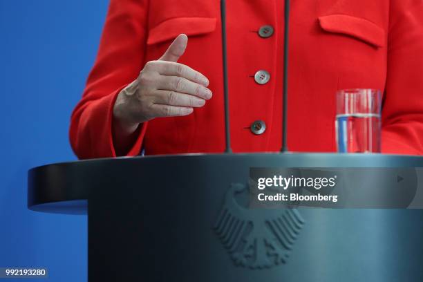 Angela Merkel, Germany's chancellor, gestures during a news conference at the Chancellery in Berlin, Germany, on Thursday July 2018. A former senior...