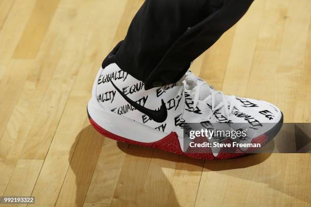 The sneakers of Sue Bird of the Seattle Storm before the game against the New York Liberty on July 3, 2018 at Westchester County Center in White...