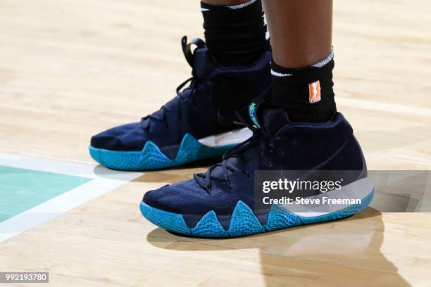 The sneakers of Tina Charles of the New York Liberty before the game against the Seattle Storm on July 3, 2018 at Westchester County Center in White...