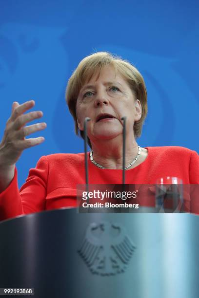 Angela Merkel, Germany's chancellor, speaks during a news conference at the Chancellery in Berlin, Germany, on Thursday July 2018. A former senior...