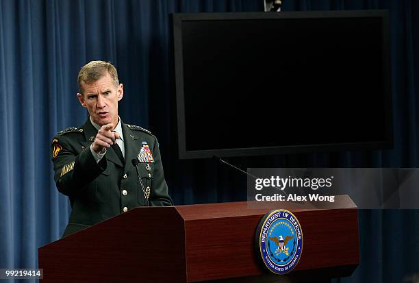 Commander of the International Security Assistance Force and Commander of U.S. Forces Afghanistan General Stanley McChrystal speaks during a news...