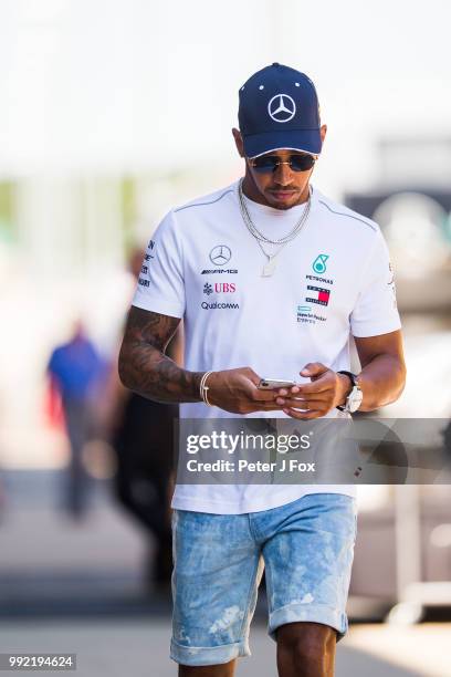 Lewis Hamilton of Mercedes and Great Britain during previews ahead of the Formula One Grand Prix of Great Britain at Silverstone on July 5, 2018 in...