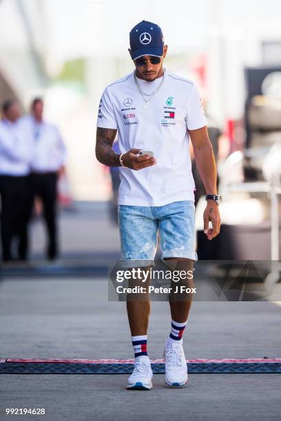 Lewis Hamilton of Mercedes and Great Britain during previews ahead of the Formula One Grand Prix of Great Britain at Silverstone on July 5, 2018 in...