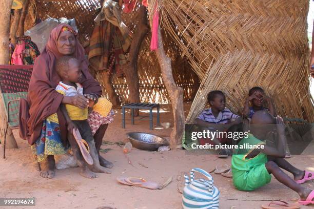 Farmer's wife Hadjo Haruna, who has 13 children and more than 100 grandchildren sits in front of her hut at the village of Koygorou, some 130...