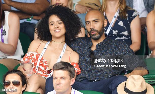 July 5: Nathalie Emmanuel and Alex Lanipekun attend day four of the Wimbledon Tennis Championships at the All England Lawn Tennis and Croquet Club on...